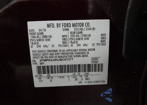 2018 Ford Edge Sel from USA, damaged, VIN 2FMPK4J95JBC07377